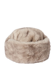 Warm knitted winter cap on a plain white backdrop for woman