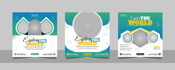 Travel tour promotion banner traveling business marketing social media post square flyer template set
