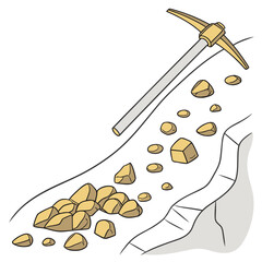 Cartoon illustration of a pickaxe and gold nuggets scattered along a riverbed or mine shaft