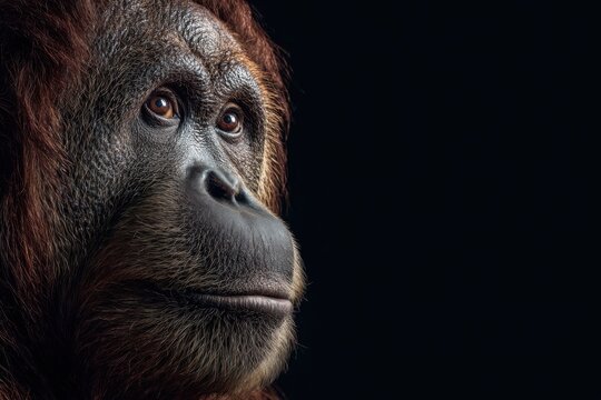 Captivating close-up of an orangutan showcasing its expressive features in a serene moment captured during the golden hour in a natural habitat