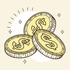 Three golden dollar coins with dollar signs on them sparkling against a light background