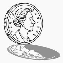Line art illustration of a coin with a profile of a woman and its shadow on a white background