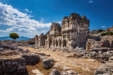 Explore ancient ruins in a Mediterranean Turkish city with stone remnants and historical architecture under a bright sky and scattered clouds