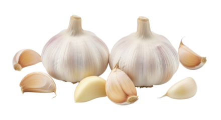 Two whole garlic bulbs and several cloves transparent background cutout png
