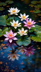 Peaceful Pond with Blooming Water Lilies and Reflection