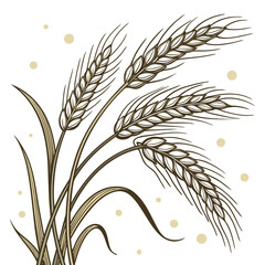Fototapeta premium Stylized illustration of ripe wheat stalks with leaves and scattered golden dots on a white background