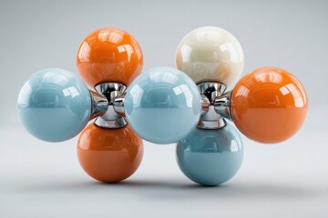 Molecular structure model featuring four colorful spheres on a neutral background in a modern scientific display
