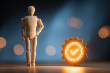 Wooden mannequin stands confidently next to glowing emblem in a dimly lit space highlighting achievement and success themes