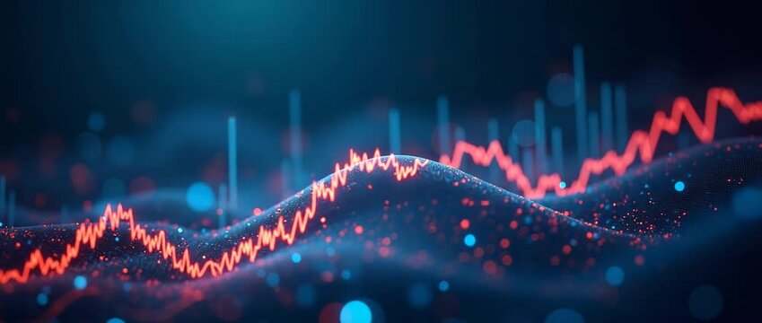 Cinematic visualization of dynamic financial data charts with animated lines undulating across a digital landscape; camera smoothly pans to reveal fluctuating graphs and glowing data points. - Powered by Adobe