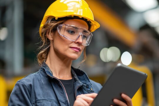 Worker in safety gear reviews construction plans on a tablet in a factory during daylight hours, ensuring compliance and safety measures are in place - Powered by Adobe