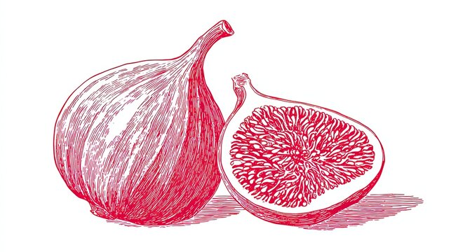 Whole and halved fig illustrated in bold red outlines with simplified form, inspired by traditional Chinese woodcut style on a clean white background