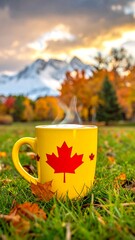 A vibrant yellow mug adorned with a red maple leaf, resting on grass in autumn. Mountains and foliage in the background