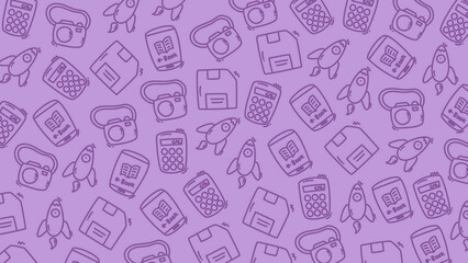 Purple Technology Doodle Pattern Background with Rocket Camera and Ebook Icons