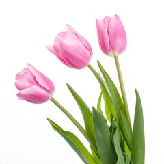 Fototapeta premium Three pink tulip blossoms, elegant and delicate, are presented on long green stems with several sharp leaves, against a stark white backdrop