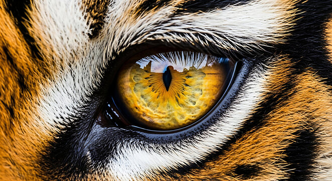 Intense tiger eye captivating viewers, showcasing wild beauty and power, perfect for nature documentaries, wildlife campaigns, and conservation efforts