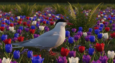 A tern bird stands in a field of colorful tulips, with lush green grass and plants in the background