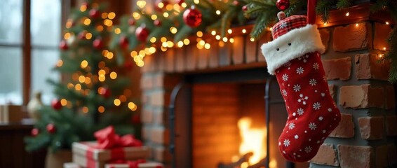 Cinematic close-up of a festive Christmas stocking gently swaying by a warm fireplace, with soft bokeh lights flickering in the background and a slow pan capturing holiday decorations. - Powered by Adobe