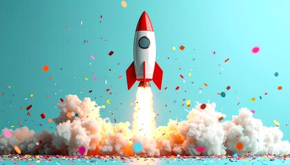 A whimsical cartoon rocket takes off with fiery flames and a colorful confetti explosion against a bright turquoise background