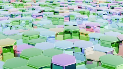 Abstract metallic 3d hexagonal background template. Realistic and colorful shiny geometric graphic element.