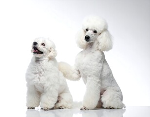 Fototapeta premium Two fluffy, white poodles posing against a clean, light background