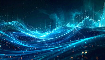 Abstract financial concept background, swirling line graphs and glowing data elements, blue-teal color palette, modern economy theme”