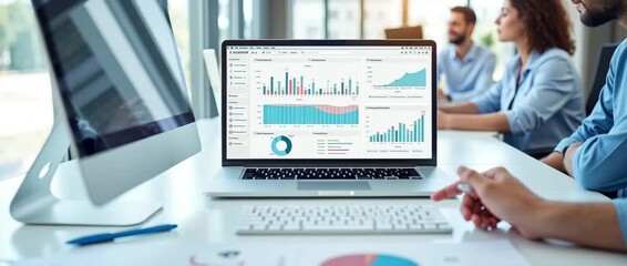 Modern office teamwork around data analytics on laptop, with gentle ambient motion and slow camera pan, cinematic style for business presentation and collaboration themes. - Powered by Adobe