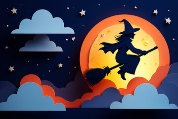 Fototapeta premium Silhouette witch flying broomstick moonlit night image
