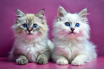 Fototapeta premium Two adorable fluffy kittens with striking blue eyes