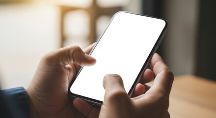 Close-Up of Hands Holding Smartphone with Blank Screen in Cozy Coffee Shop Setting