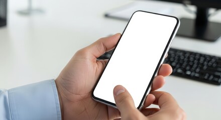 Person Using Smartphone in Modern Office Setting with Blurred Background and Empty Screen Space
