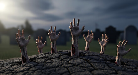 Terrifying zombie hands emerging from cracked earth in a graveyard at night, perfect for Halloween promotions or horror themed events needing a spooky vibe