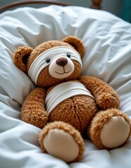 Cozy Plush Teddy Bear with Bandage Resting Bedding