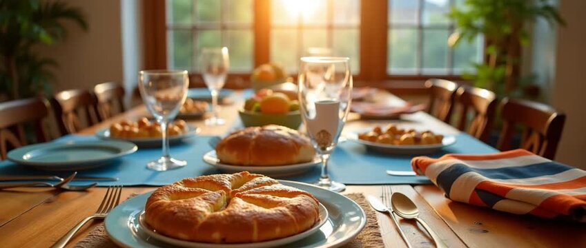Sunlit dining table with fresh pastries, as camera gently pans across elegant setup; warm, cinematic ambiance with soft light flickering through windows, perfect for culinary and lifestyle scenes.
