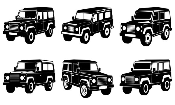 Six black and white land rover defender illustrations in various angles and perspectives shown together