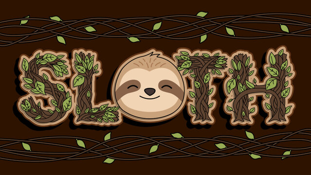 The word "SLOTH" is formed from branches, twigs, green leaves and the head of a sloth in the shape of the letter "O". Animal event banner to celebrate International Sloth Day on October