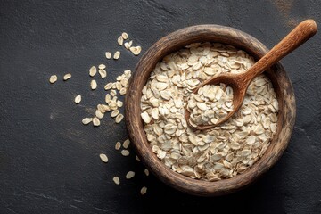 Rolled oats in wooden bowl with spoon arranged on dark surface showcasing healthy natural food for breakfast or baking