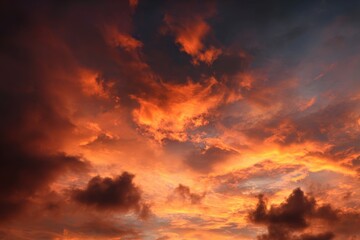 Fototapeta premium Vibrant sunset sky filled with fiery orange and red hues over a peaceful landscape reflecting the beauty of twilight in nature