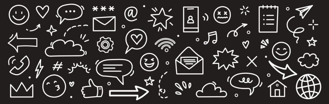 Emoji media hand drawn doodle icon set. Internet conversation, media outline tech emoji, star, arrow shape. Hand drawn sketch chat emoticon, digital cloud, smile face elements. Vector illustration