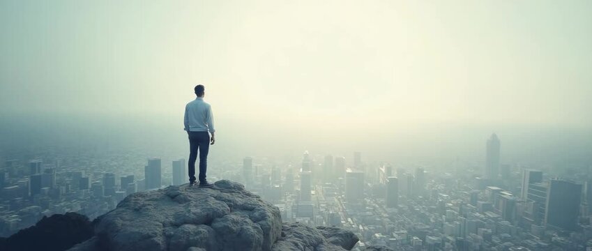 Man stands atop rocky cliff overlooking cityscape at dawn; camera slowly pans, capturing ambient light flicker in cinematic style, evoking themes of ambition and exploration.