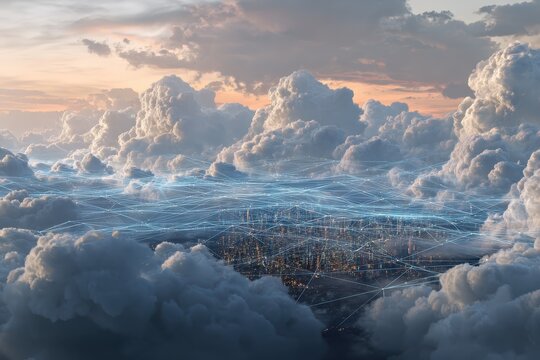 Surreal digital landscape showcasing cloud computing technology over a futuristic city beneath fluffy clouds during sunset