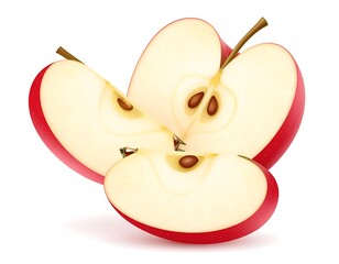Sliced red apple with visible seeds, stem, and white background