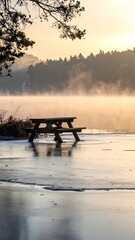 A wooden picnic table sits near a misty lake's edge. Hazy sunrise illuminates the water and treeline in the distance
