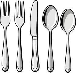 Set of cutlery including forks, knife, and spoons, isolated on white background, illustration