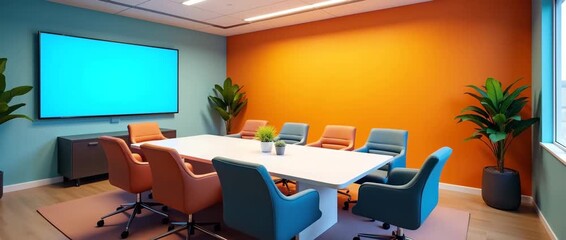 Modern office meeting room with colorful chairs and plants, gentle ambient light flickers, slow pan across the space, cinematic style highlighting vibrant corporate atmosphere.