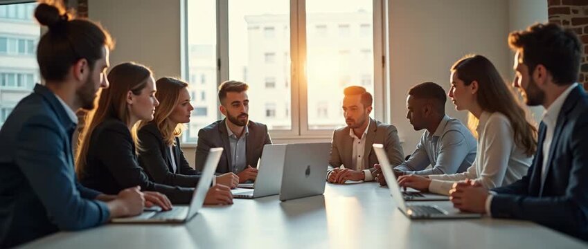 Business team engaged in a lively meeting, exchanging ideas across a sunlit conference table; the camera slowly pans to capture dynamic interactions and warm, collaborative atmosphere in a cinematic s