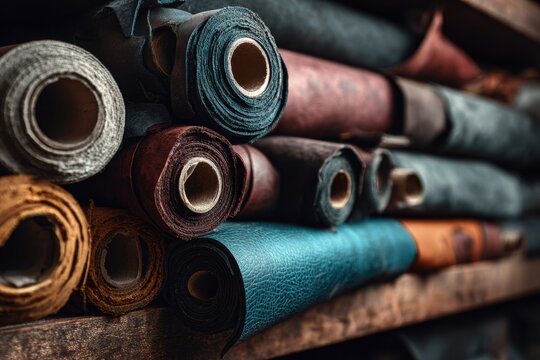 Various rolls of genuine leather neatly stored on a wooden rack in a workshop for crafting and design