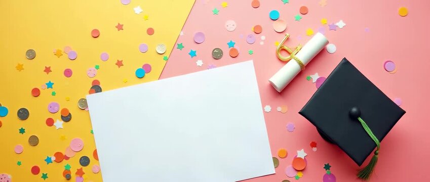 Graduation celebration scene with confetti gently swaying around a diploma and cap, as the camera slowly pans, capturing a vibrant and inspiring academic success story in cinematic style.