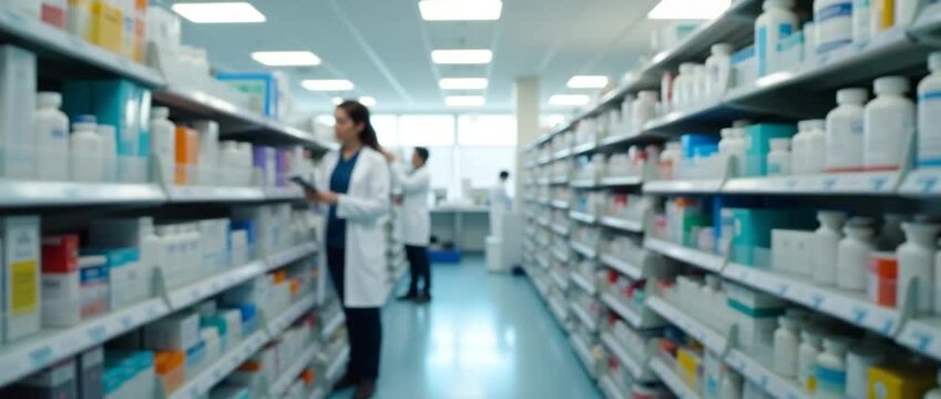 A well-organized hospital pharmacy filled with shelves of medications and friendly pharmacists assisting patients. Generous copy space for health promotion and informational content.