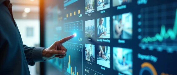 Futuristic interface interaction with a finger tapping digital analytics display; camera tracks smoothly across vibrant data visualizations with ambient screen glow; cinematic business technology scen - Powered by Adobe