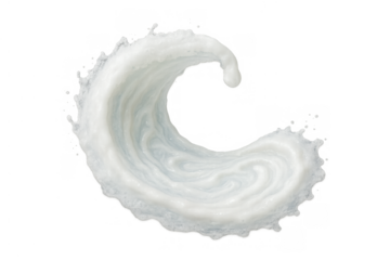 White milk splash forming a wave with swirling cream texture and flying droplets on transparent background